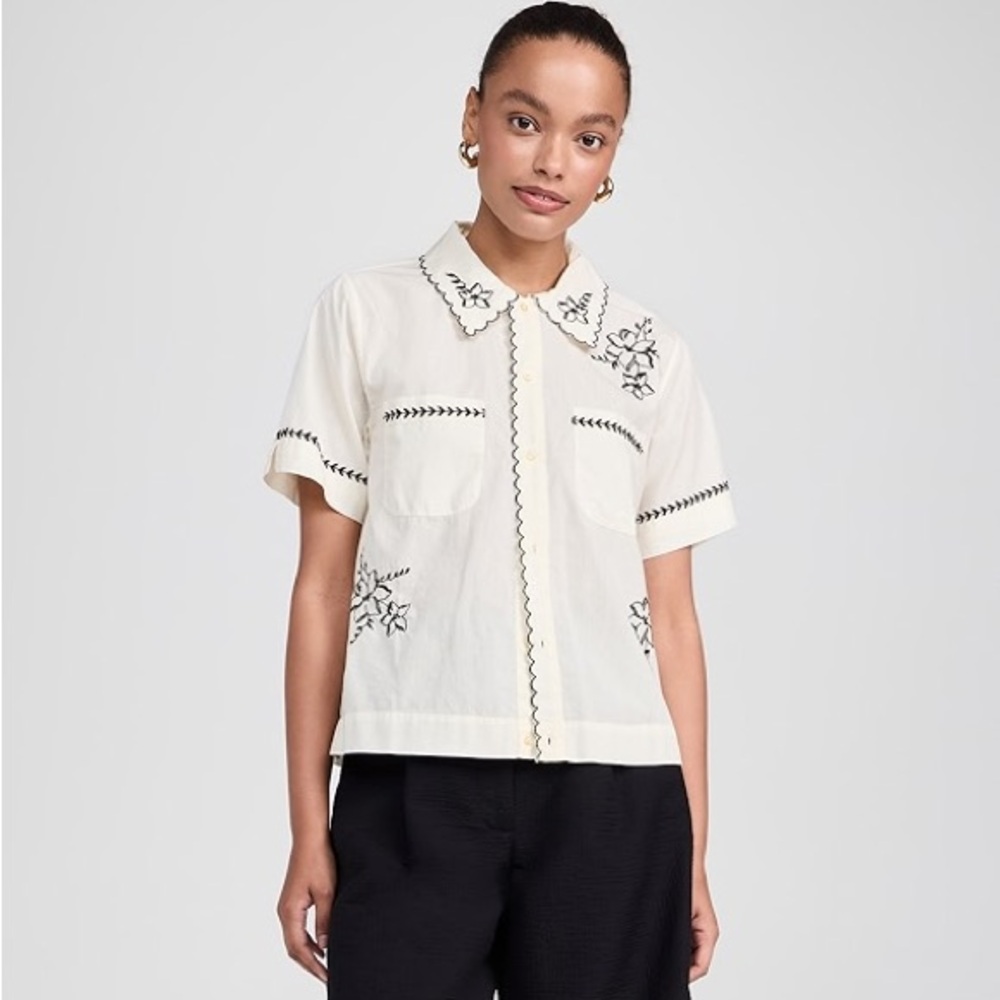 THE GREAT Embroidered Cream Top